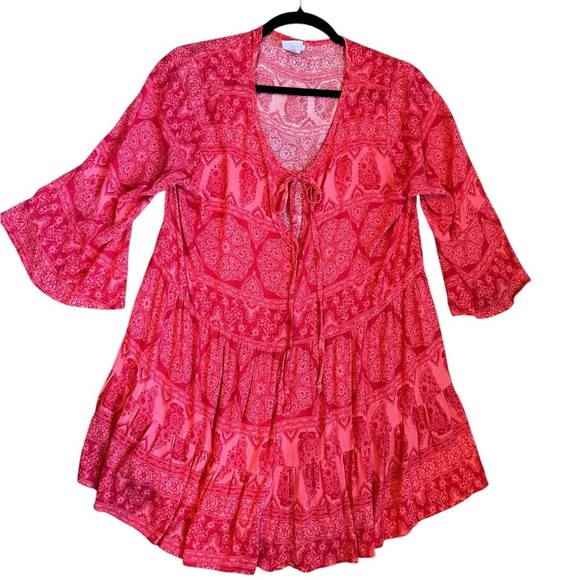 Agnes & Dora Tops - Agnes & Dora Boho Tiered Mini Dress Size L Red Pink Paisley Print USA
A208
